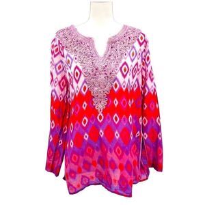 Soft Surroundings Blouse Top Pullover V-neck Orange Gold Purple Tunic Size M